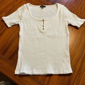 J. Crew White Ribbed Stretch Cotton Scoopneck Short-sleeved Top w/ Button Detail